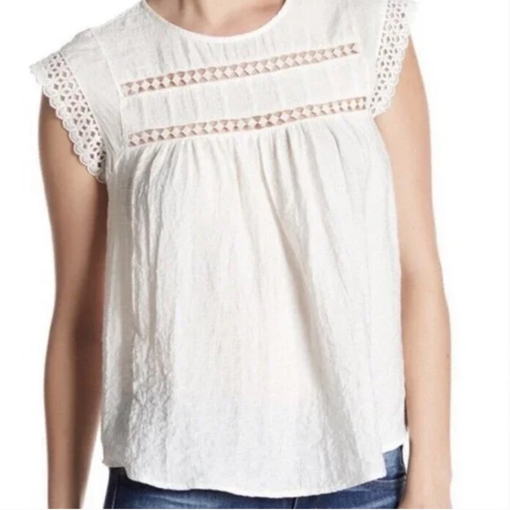 Ro & De Women’s Size M White Gauzy Crochet Lace Short Sleeve Hi-Low Boho Blouse